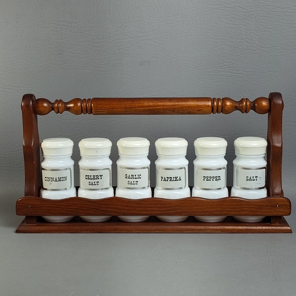 Vintage Ma Leck Woodcrafts Starburst Milk Glass Spice Jar Set Wooden Caddy Rack